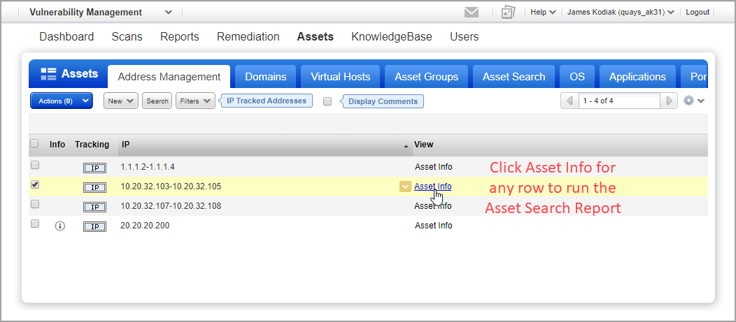 Asset Info link to run Asset Search Report