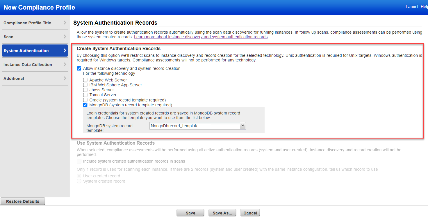 profile with Allow instance discovery and system record creation enabled.