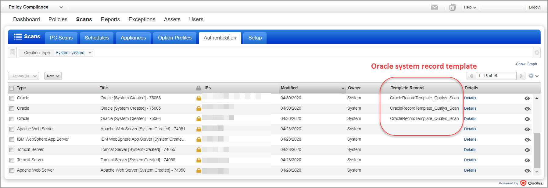 Template Record column on Authentication list