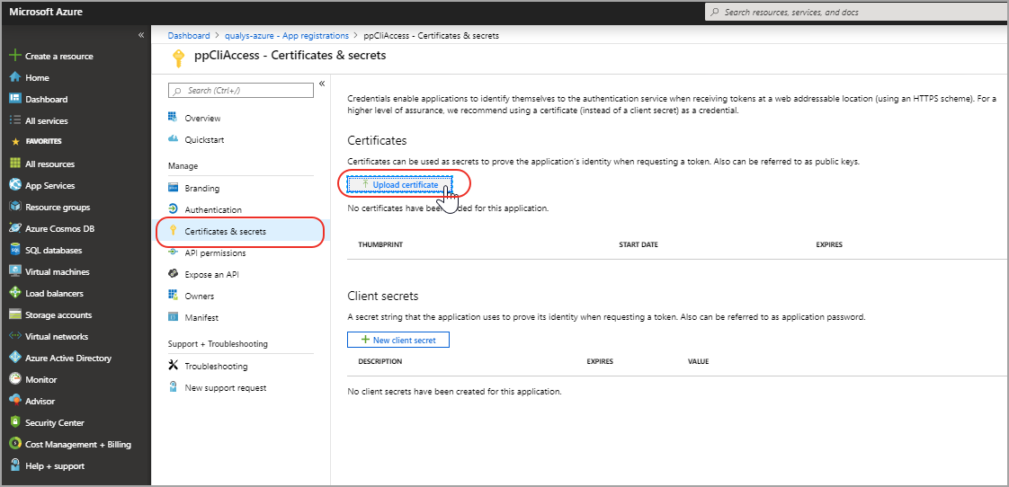 Upload certificate button under Certificates and secrets.