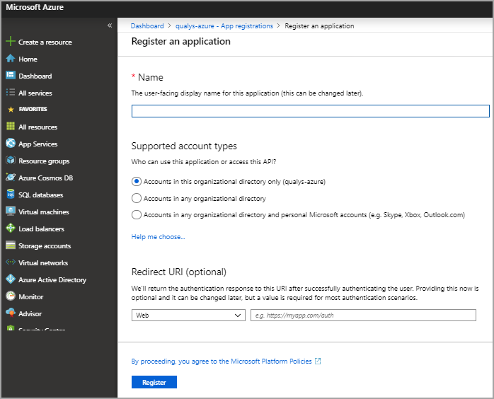 Configuration fields for registering an application.