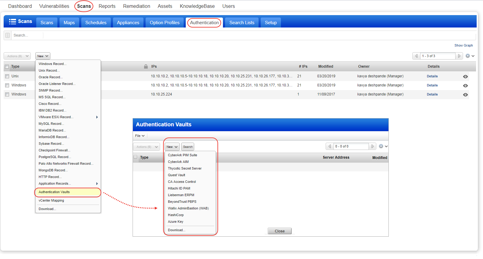 Authentication Vaults Menu Under Scans Authentication