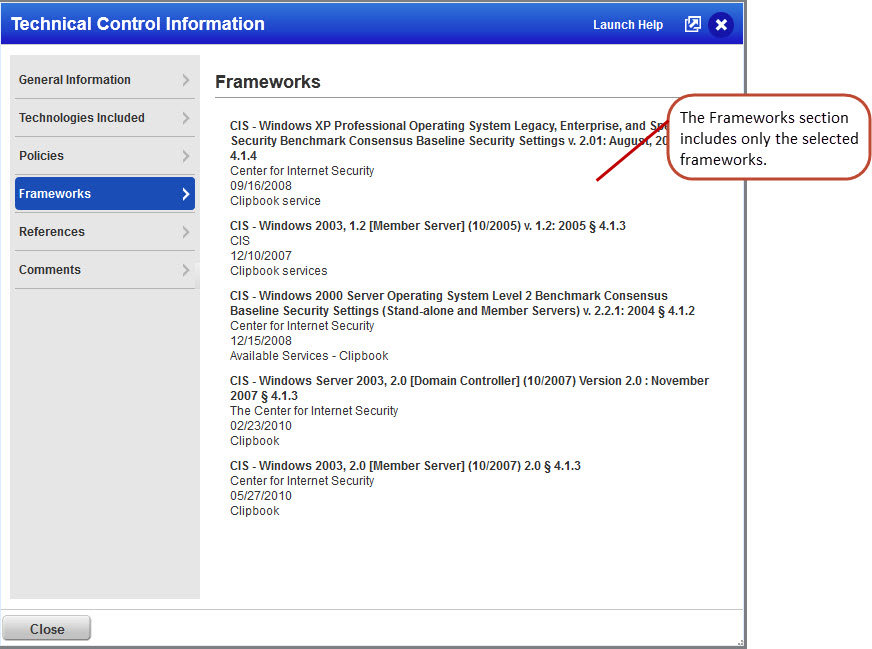 Frameworks listed in Technical Control Information