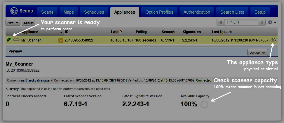 Appliances tab with scanner status, appliance type, scanner capacity